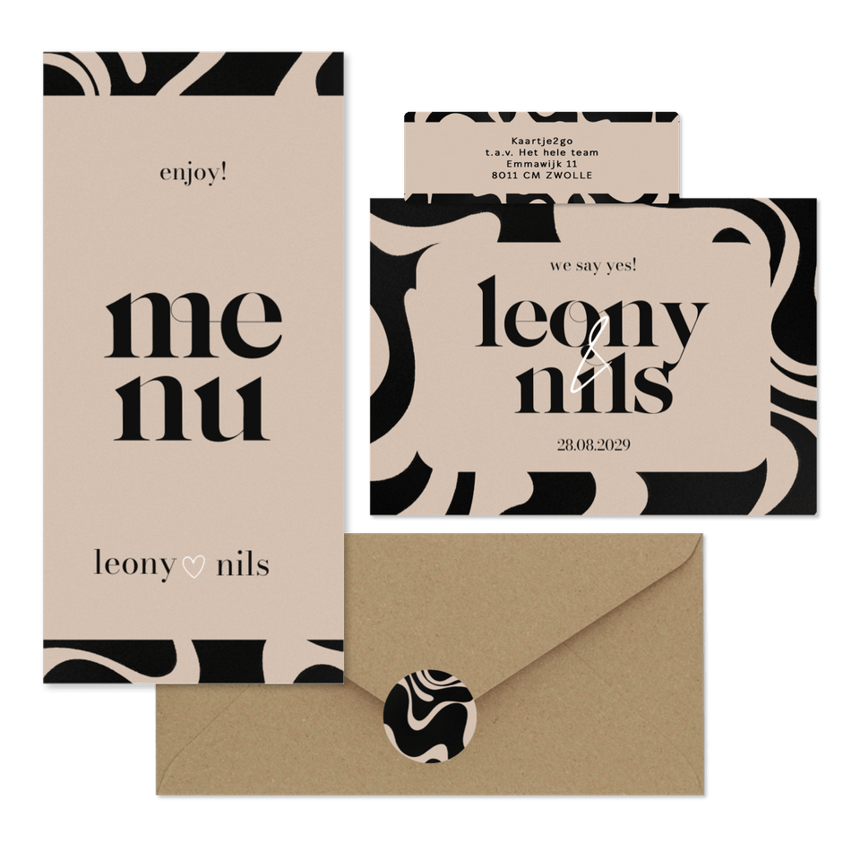 Hochzeitskartenset mit abstrakten Wellenformen Schwarz & Beige