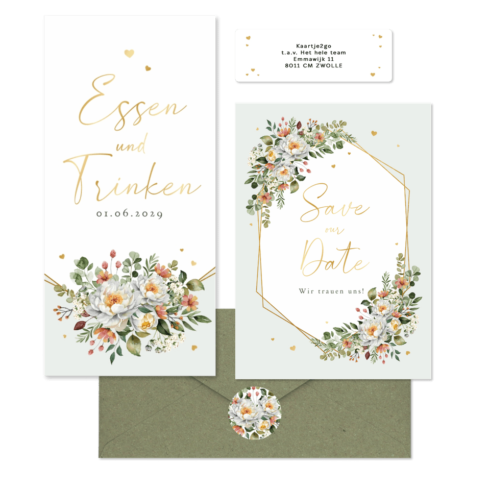 Hochzeitskartenset Pfingstrose Blumenbukett Mintgrün