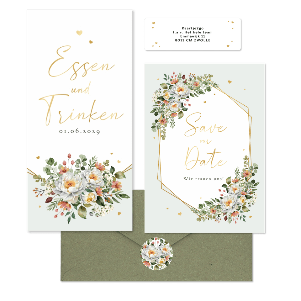 Hochzeitskartenset Pfingstrose Blumenbukett Mintgrün