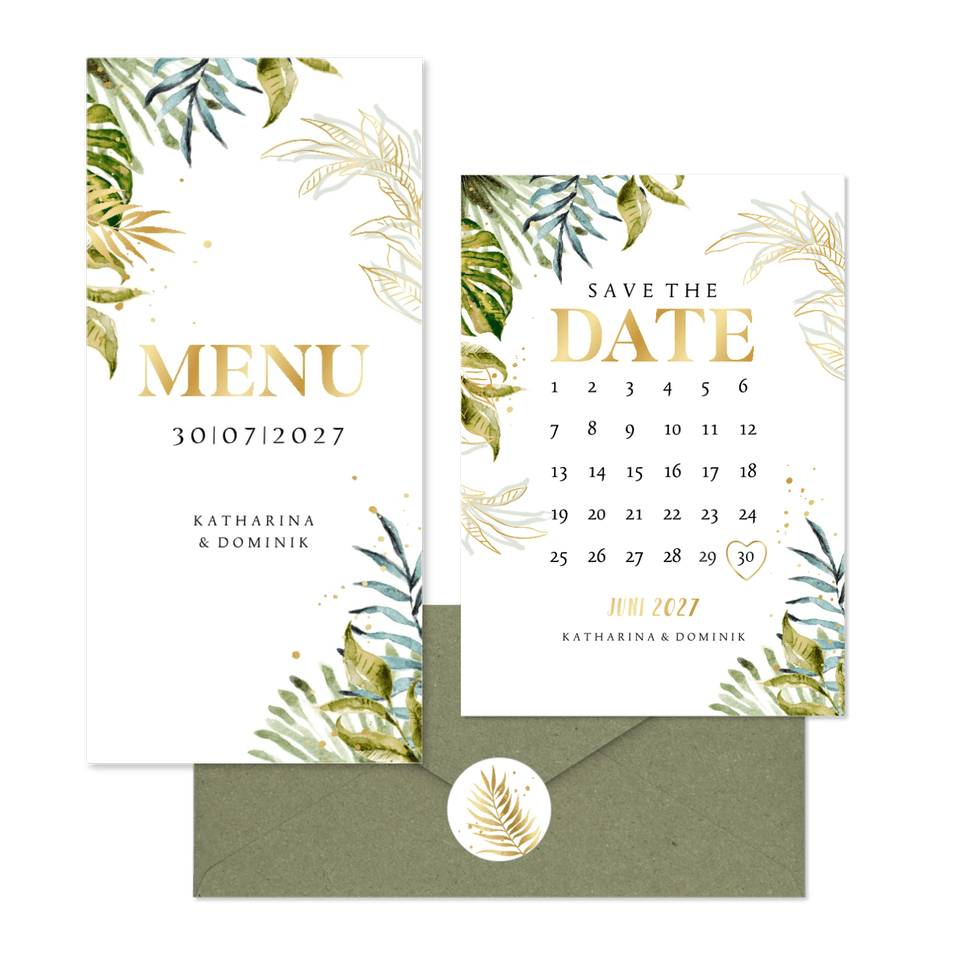 Hochzeitskartenset Botanisch im Goldlook 