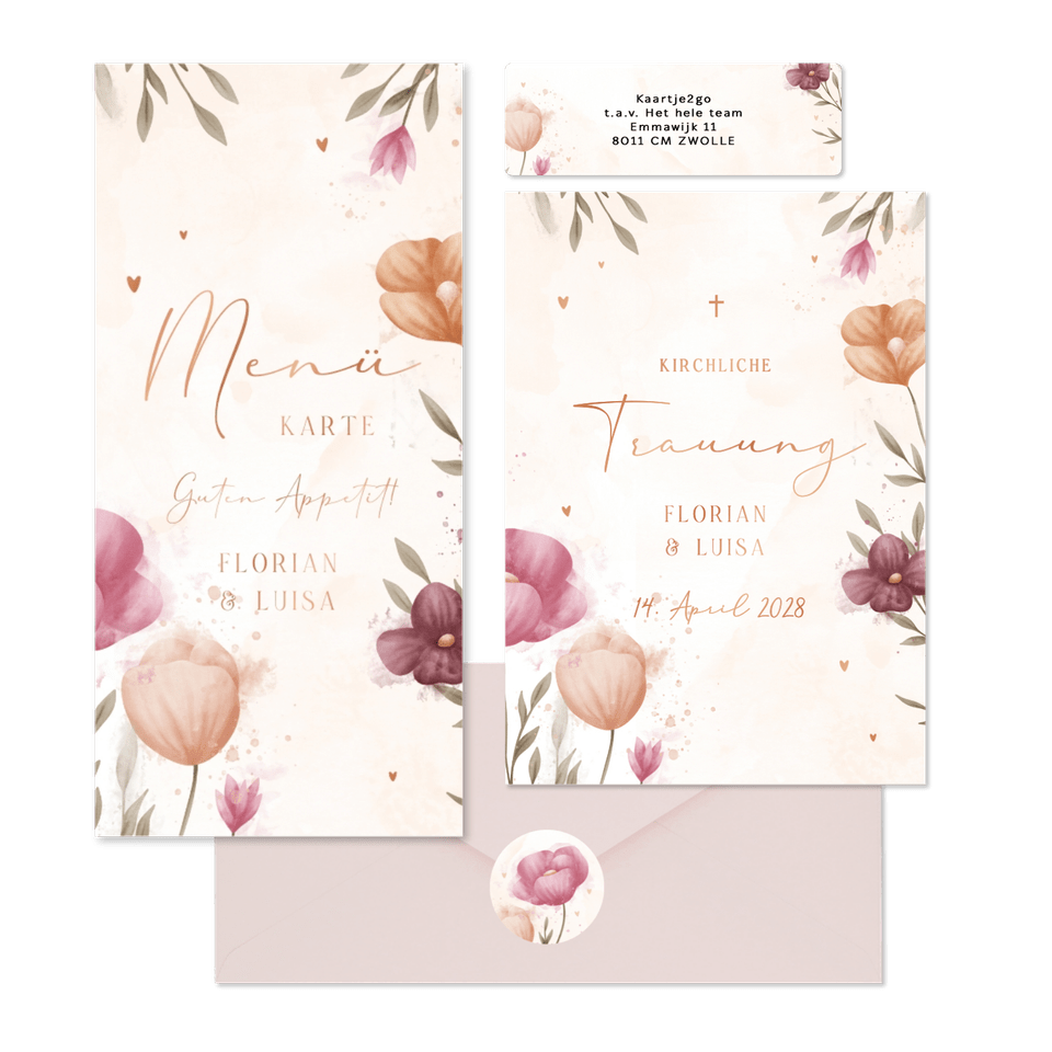 Hochzeitskartenset mit Frühlingsblumen Aquarell & Kupfer