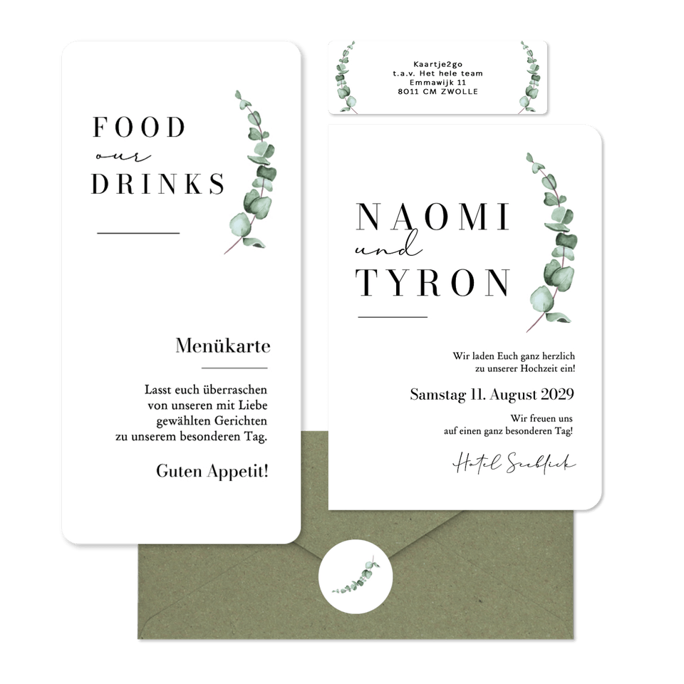 Hochzeitskarten schlicht und elegant mit Eukalyptuszweig