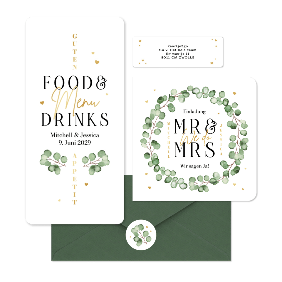 Hochzeitskartenset Eukalyptuszweige mit goldenen Herzchen