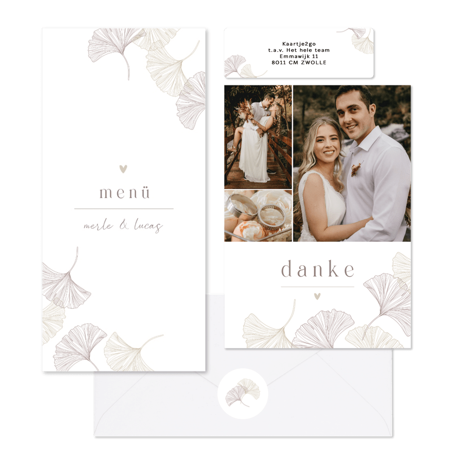 Schlichtes Hochzeitskartenset mit feinen Ginkgoblättern