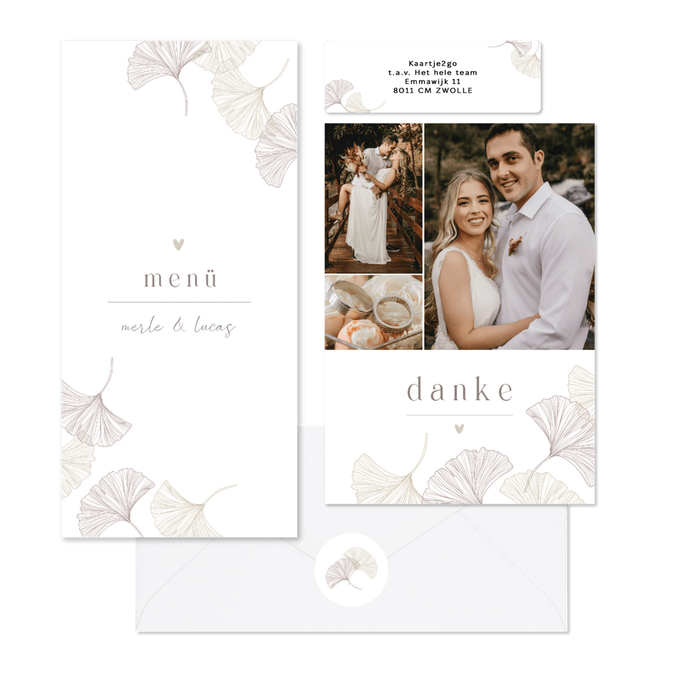 Schlichtes Hochzeitskartenset mit feinen Ginkgoblättern