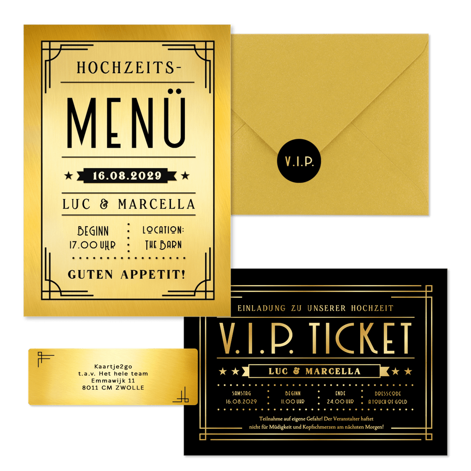 Hochzeitskartenset Artdeco Ticket in Gold & Schwarz