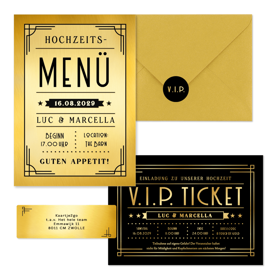 Hochzeitskartenset Artdeco Ticket in Gold & Schwarz