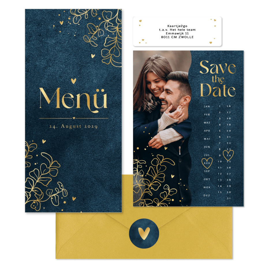 Hochzeitskartenset in Dunkelblau mit goldenen Ranken