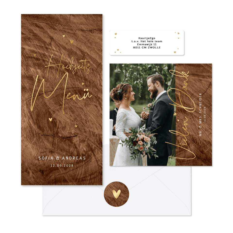 Hochzeitskartenset Holzoptik mit Goldschrift