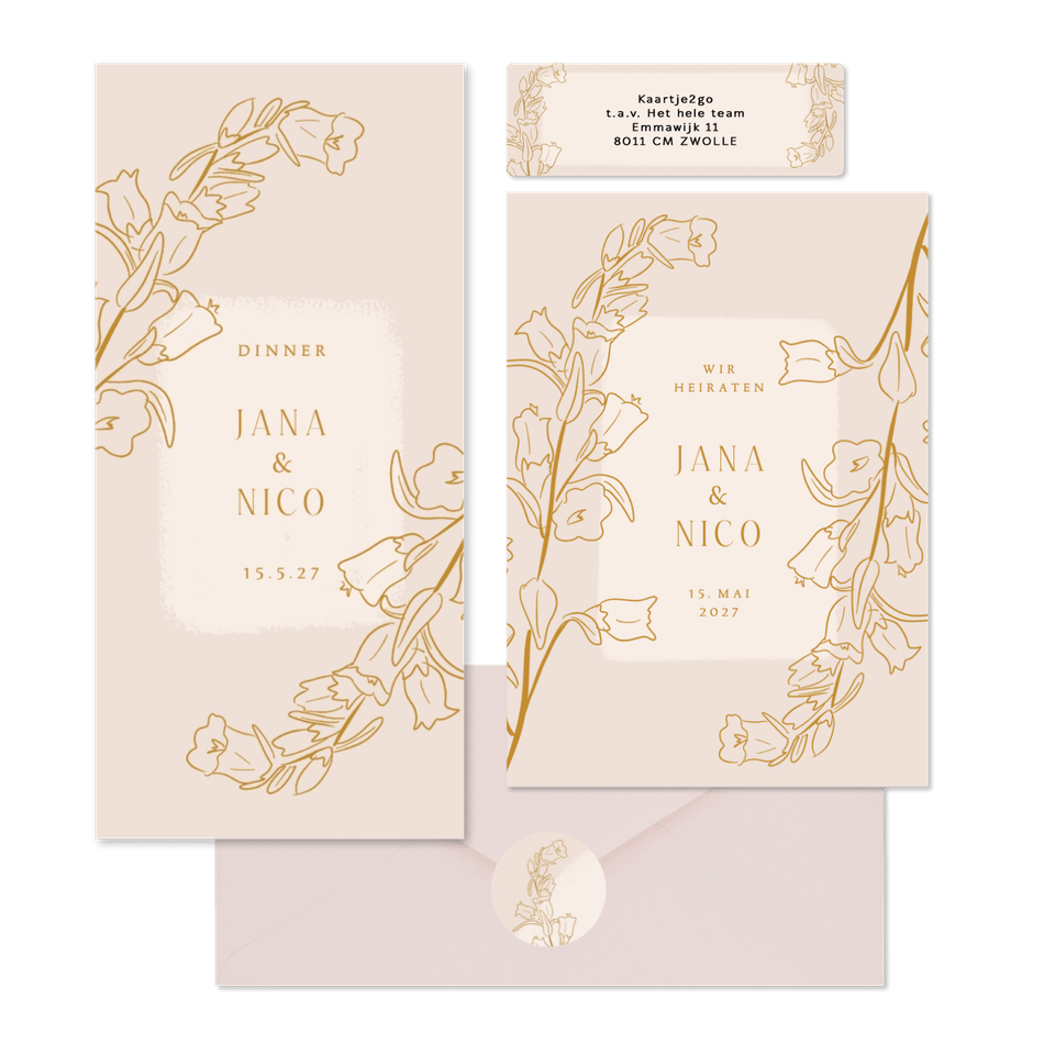 Hochzeitskartenset mit goldenen Glockenblumen Altrosa