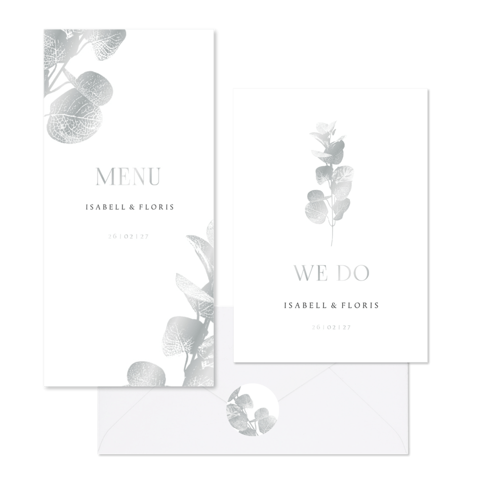 Hochzeitskartenset einfacher Eukalyptuszweig in Silber