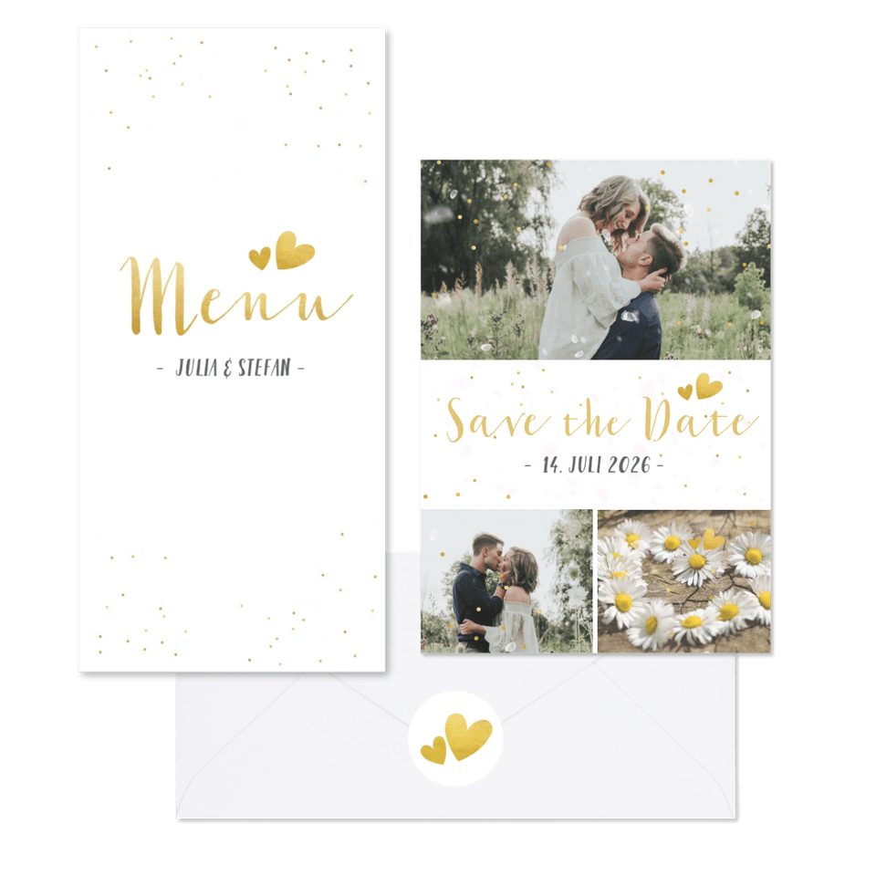 Hochzeitskartenset schlicht goldenes Konfetti 