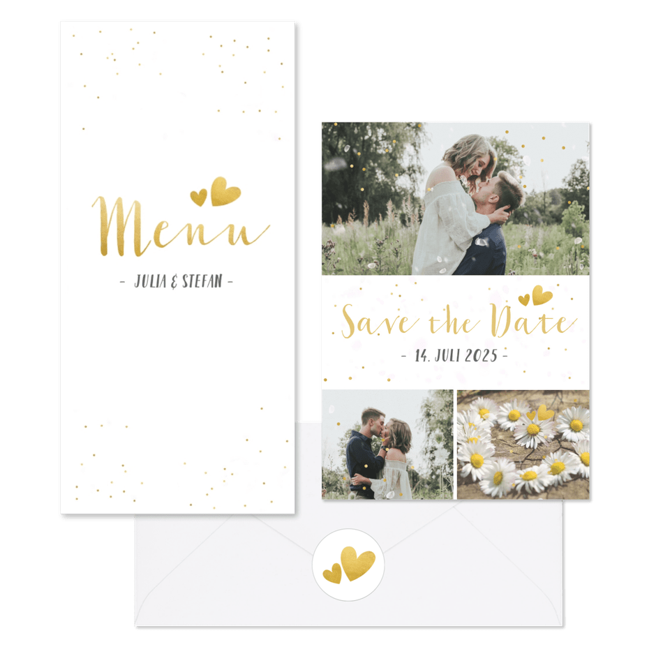 Hochzeitskartenset schlicht goldenes Konfetti 