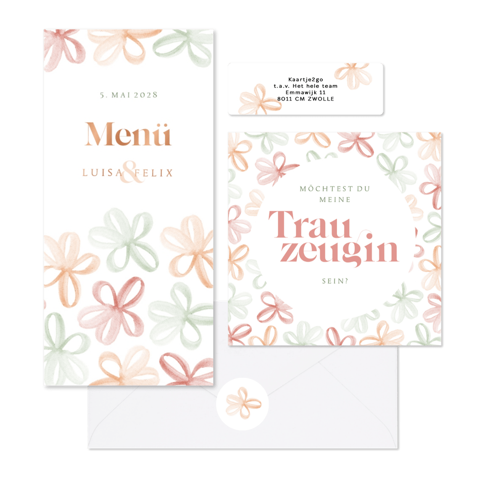 Hochzeitskartenset stilisierte Frühlingsblumen in Aquarell