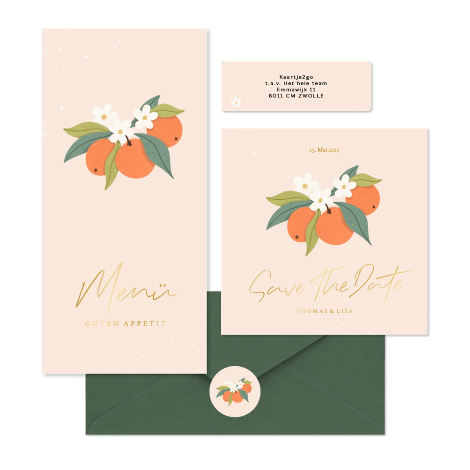 Hochzeitskartenset Orangen mit Orangenblüten 