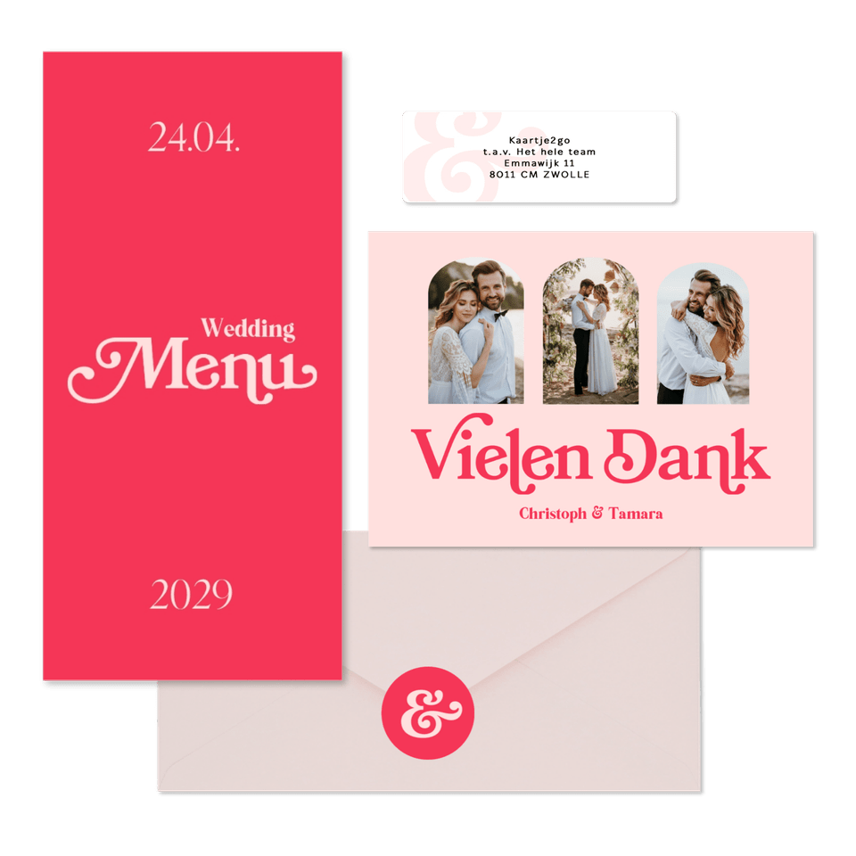 Hochzeitskartenset in Pink Retro mit Foto