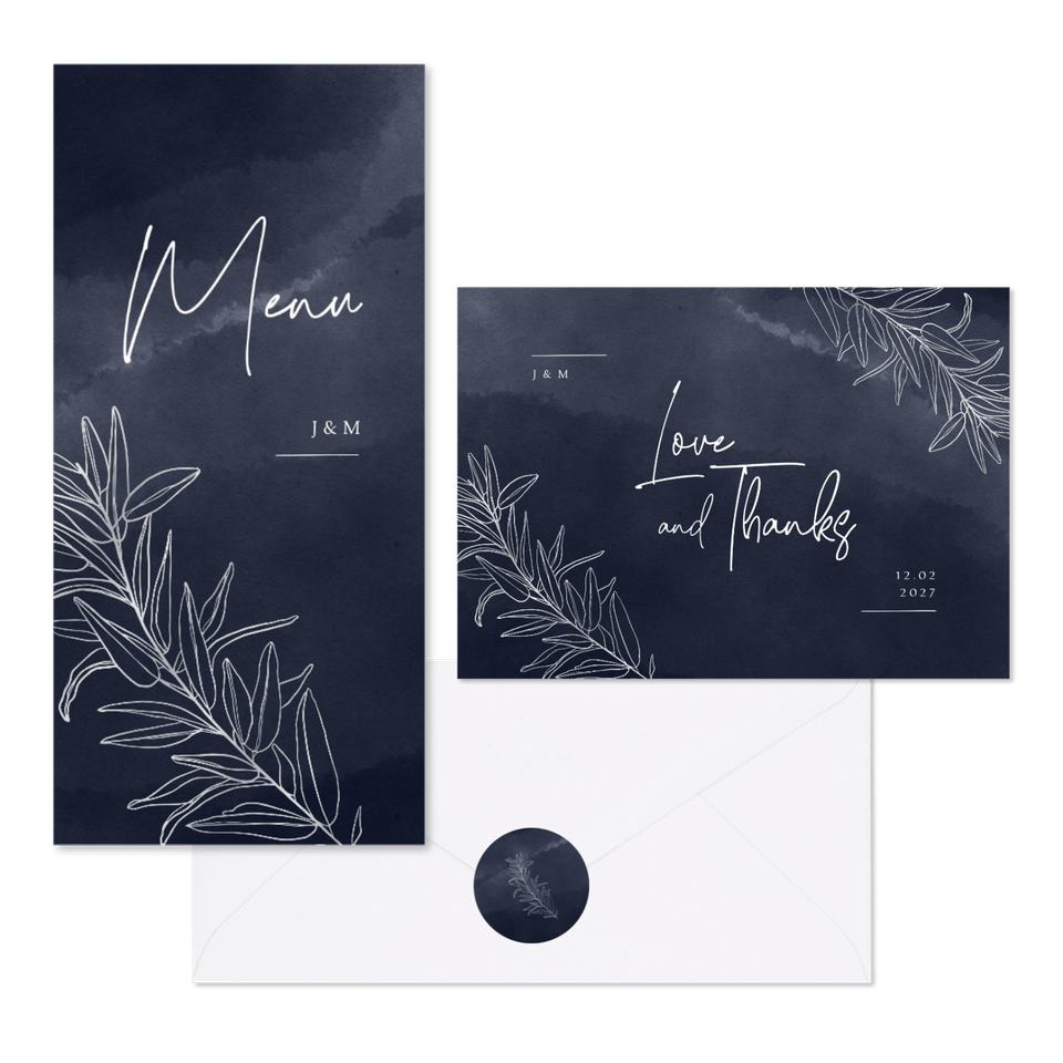 Hochzeitskartenset feine Zweige auf Aquarell in Nachtblau