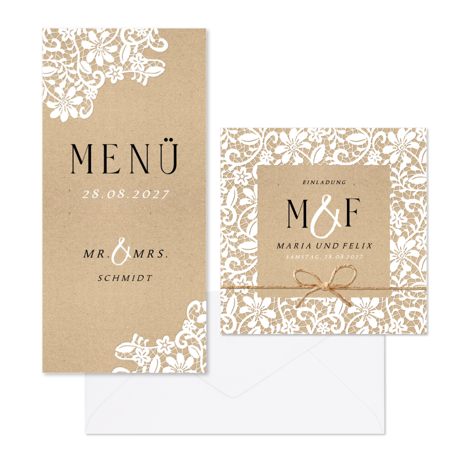 Hochzeitskartenset mit romantischer Spitze auf Kraftpapier