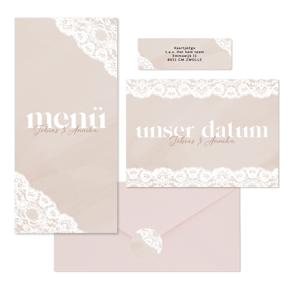 Hochzeitskartenset Spitzendekor auf Altrosa