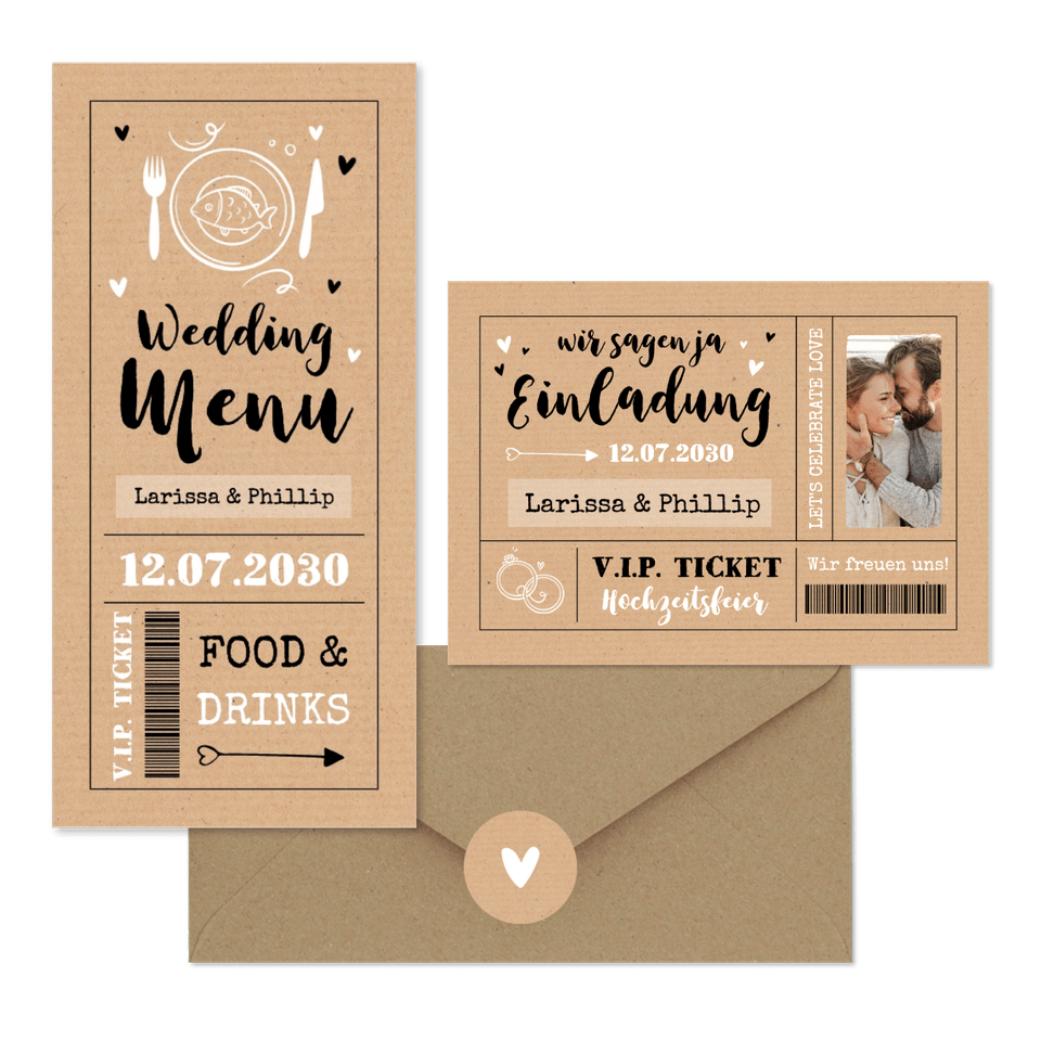 Hochzeitskarten als Ticket-Set in Kraftpapier