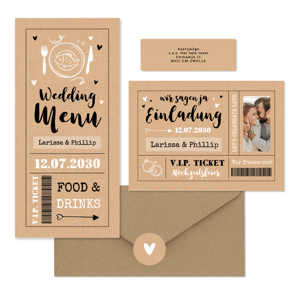 Hochzeitskarten als Ticket-Set in Kraftpapier