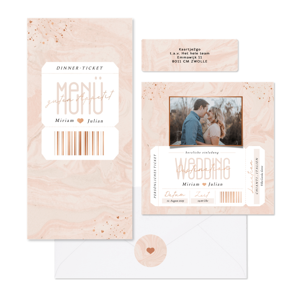 Hochzeitskartenset in rosa Marmoroptik als Ticket