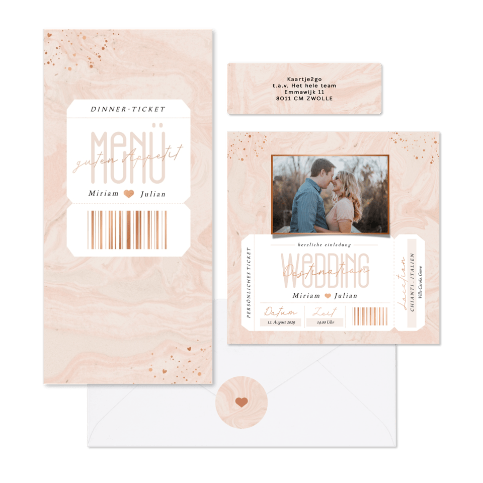 Hochzeitskartenset in rosa Marmoroptik als Ticket
