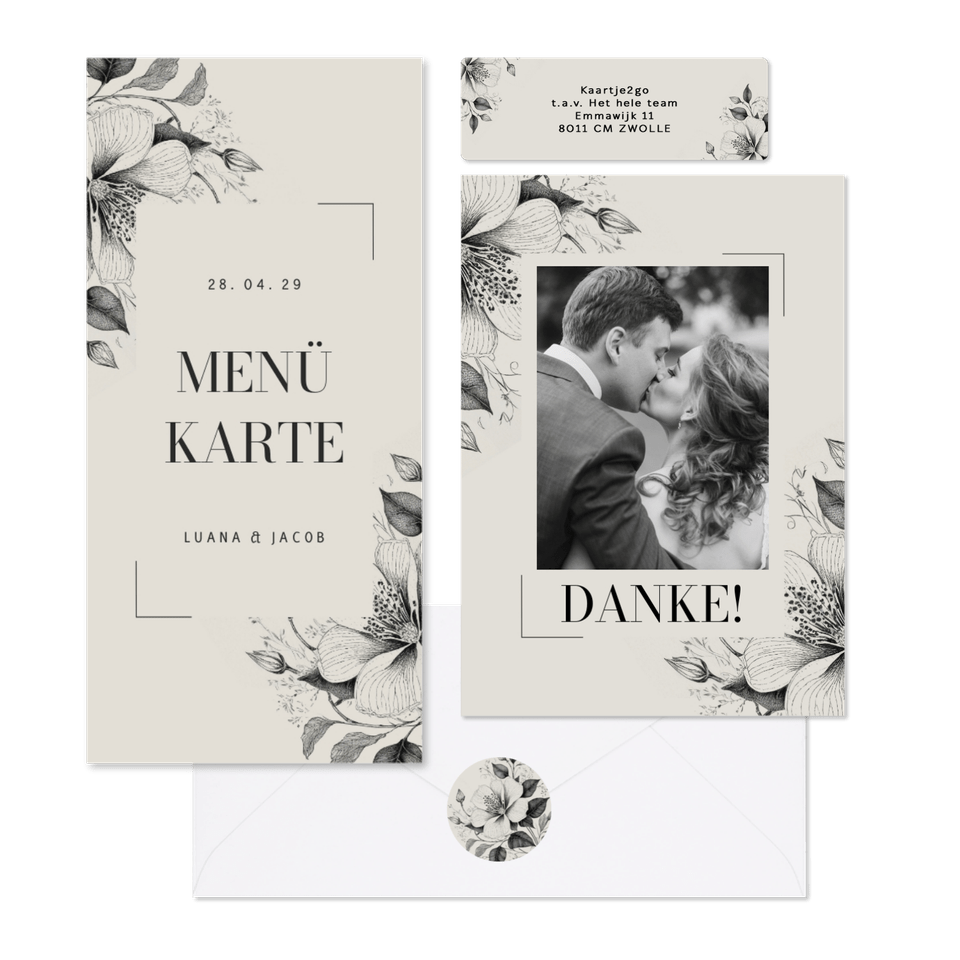 Hochzeitskartenset Vintage Blumen als Kohlezeichnung