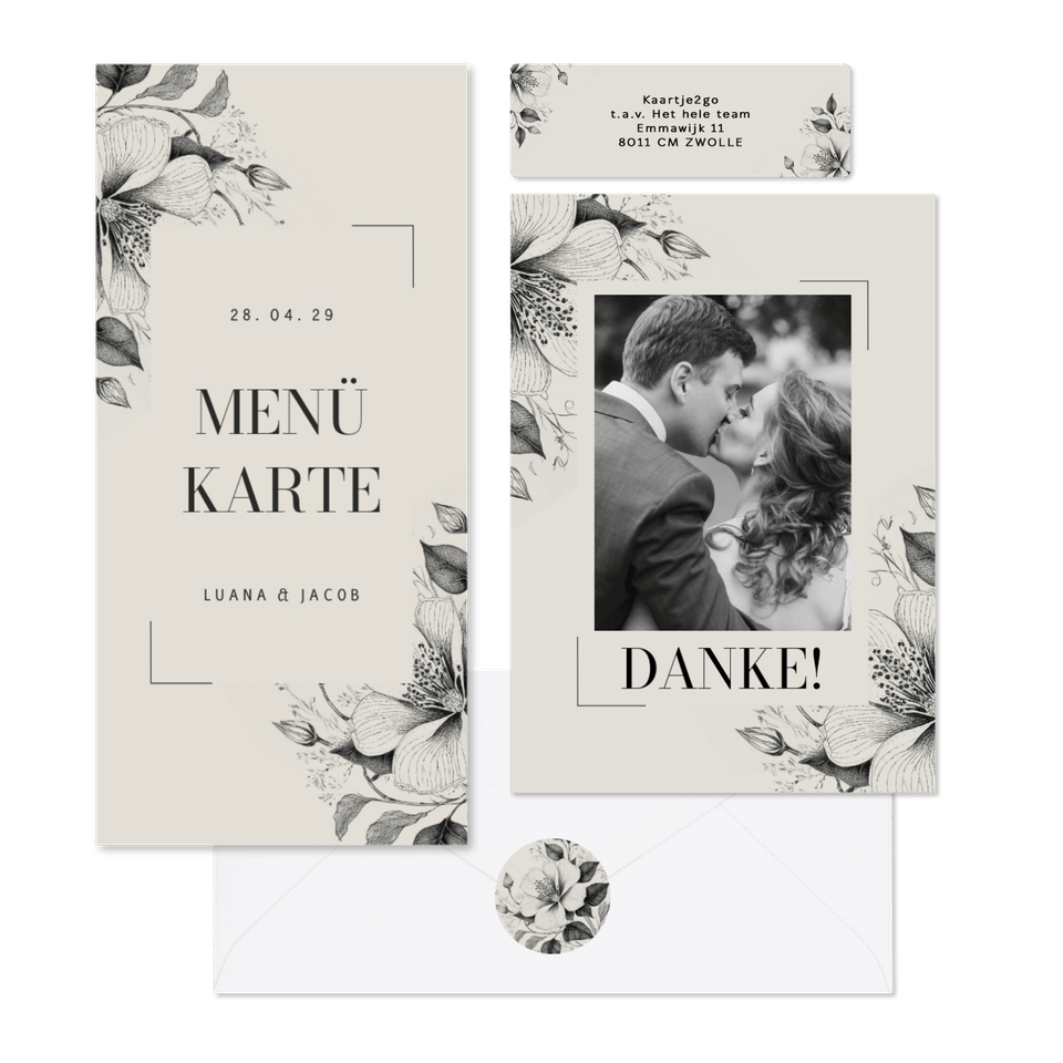 Hochzeitskartenset Vintage Blumen als Kohlezeichnung