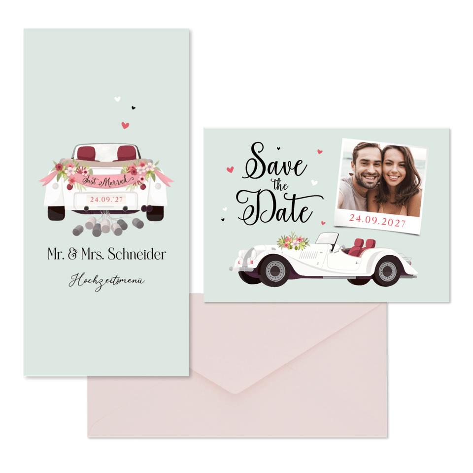 Hochzeitskartenset Oldtimer Auto mintgrün