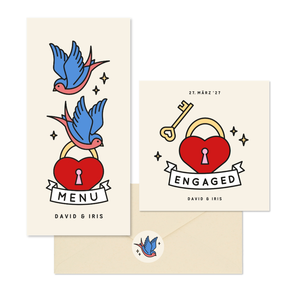 Hochzeitskartenset im Tattoolook Herz und Schwalben