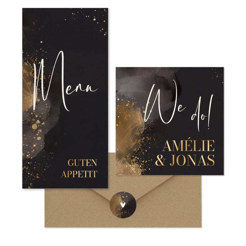 Hochzeit - Grau Aquarell mit Goldklecksen