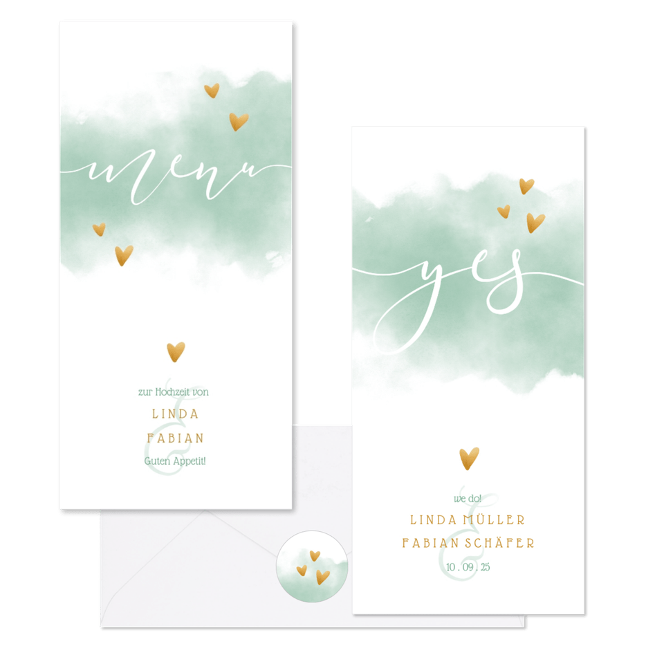 Hochzeitskartenset mintgrün Aquarell mit Herzen
