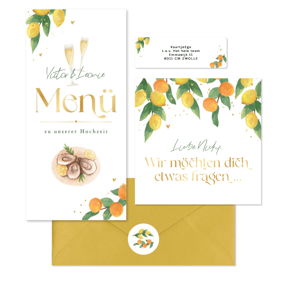 Hochzeitskartenset Zitruszweige mit Zitronen und Orangen
