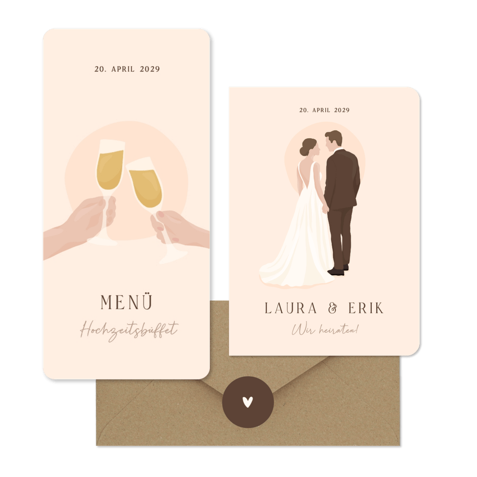 Hochzeitskartenset Illustrationen Brautpaar auf Beige