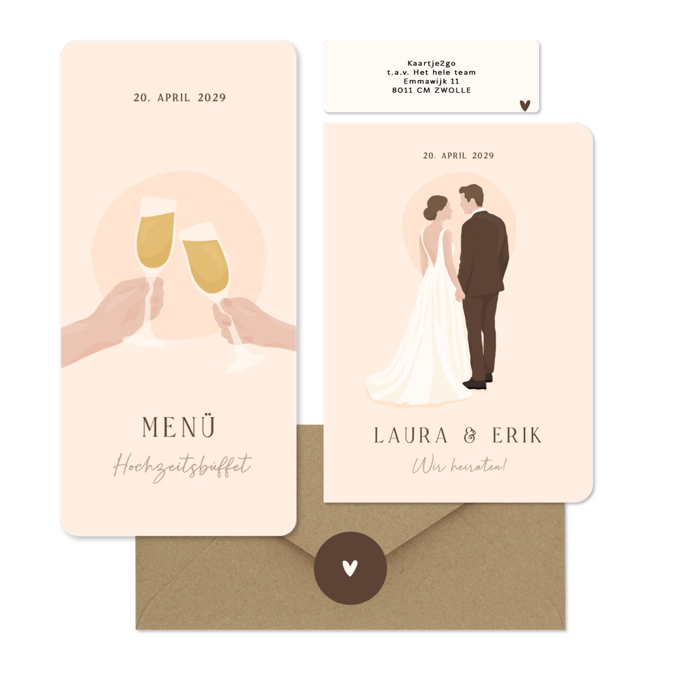 Hochzeitskartenset Illustrationen Brautpaar auf Beige