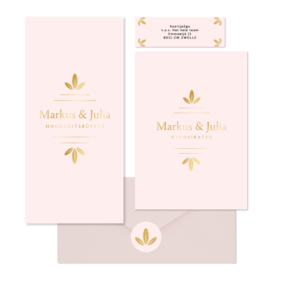 Hochzeitskartenset schlichtes Rosa mit Goldornamente