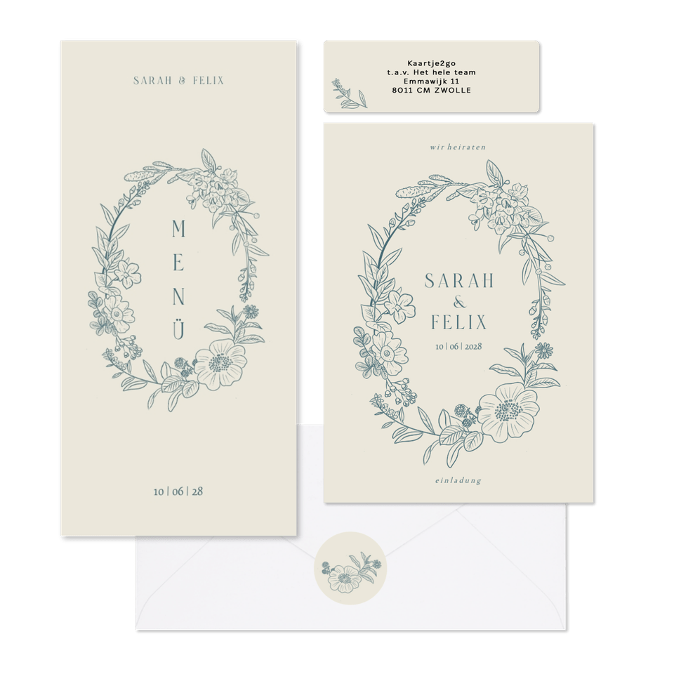 Hochzeitskartenset klassischer Blumenkranz in Blau