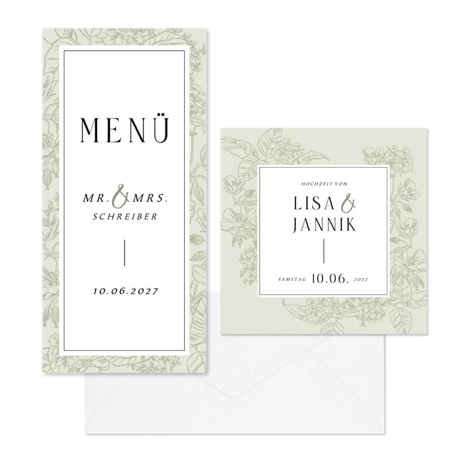 Hochzeitskartenset Blumen Line-Art in hellgrün pastell