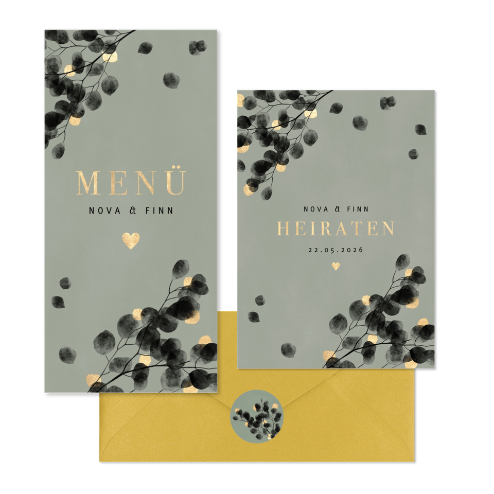 Hochzeitskartenset schwarzer Eukalyptus mit Gold