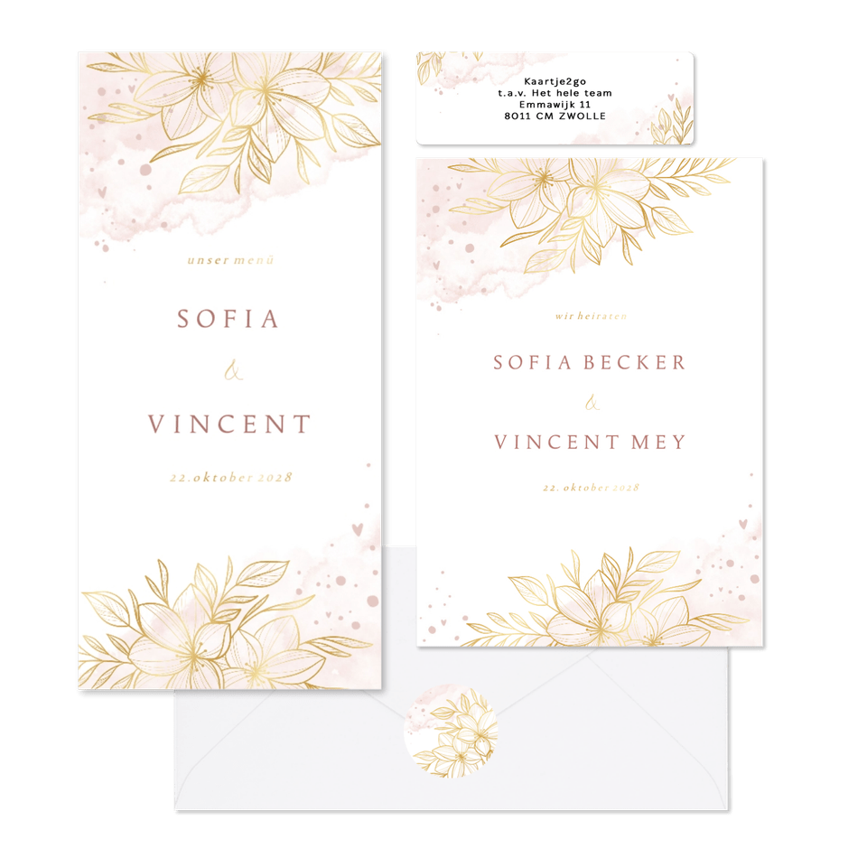 Hochzeit - Goldlook Blumen rosa Aquarell