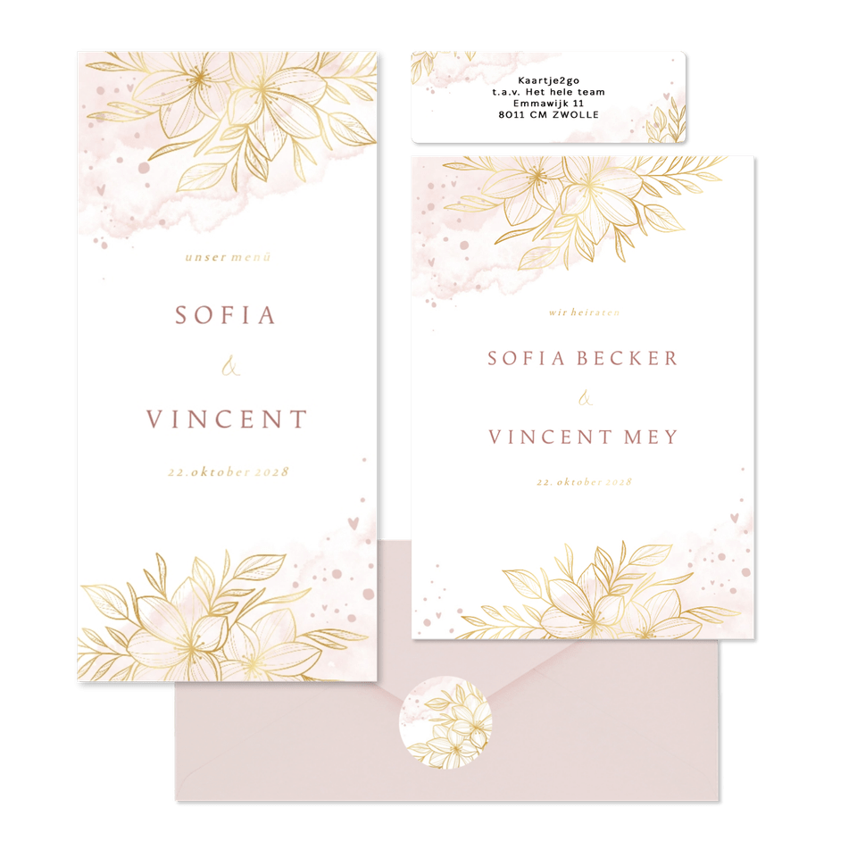 Hochzeitskartenset feine Blumen in Rosa-Aquarell mit Gold