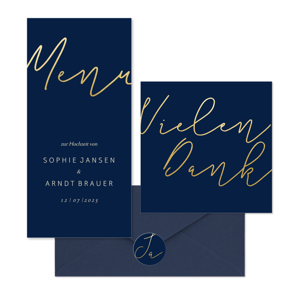 Hochzeitskartenset einfache Goldschrift auf Dunkelblau