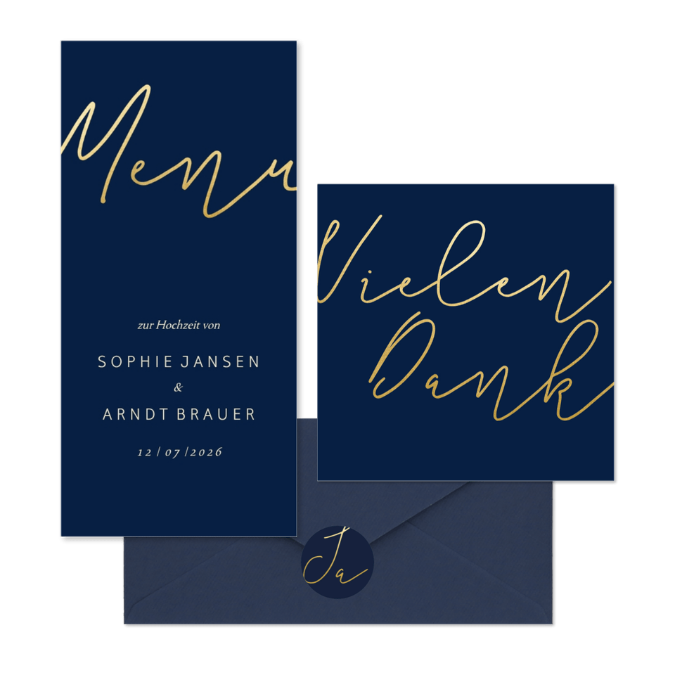 Hochzeitskartenset einfache Goldschrift auf Dunkelblau