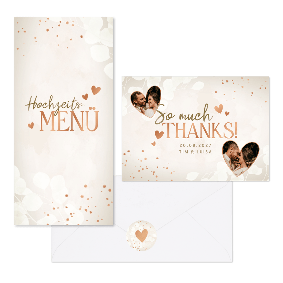 Hochzeitskartenset mit Kupferherzen