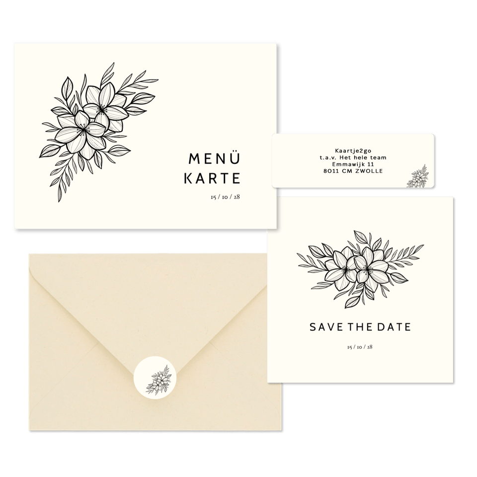 Hochzeitskartenset schlichte schwarze Blumen off-white