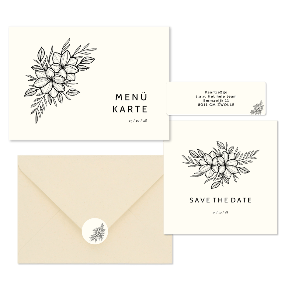 Hochzeitskartenset schlichte schwarze Blumen off-white