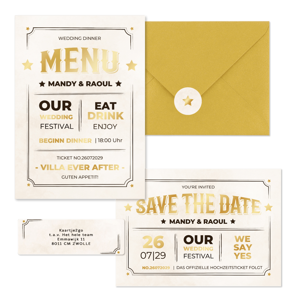 Vintage Hochzeitskartenset Ticket-Look