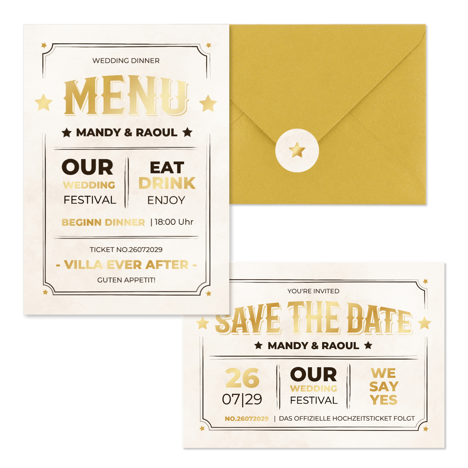 Vintage Hochzeitskartenset Ticket-Look