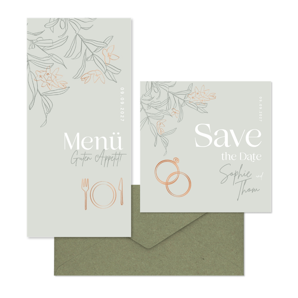 Hochzeitskartenset mit Ringen & Blumen pastellgrün